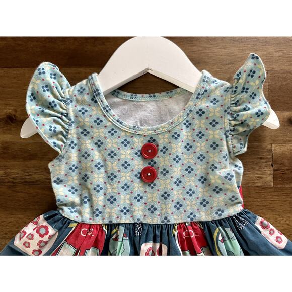 Eleanor Rose School Days Blue Red Sleeveless Ruffle Mixed Print Rhonda Dress 12M - Picture 3 of 8